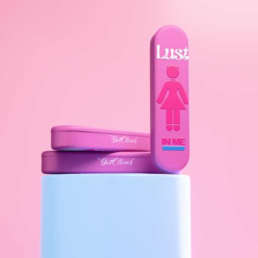 Pink GetCloser Lust supplement tins with feminine icon on pastel background