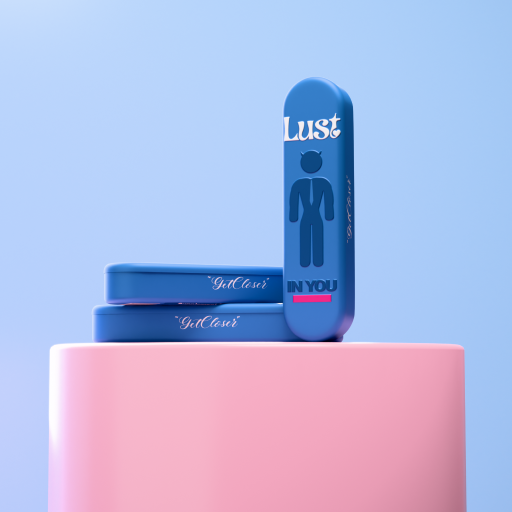 Lust Intimacy Shots supplement in blue packaging on pink and blue background, GetCloser branding