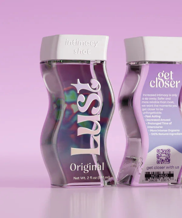 Lust Intimacy Shot supplement bottles with curved design on a pink background, GetCloser