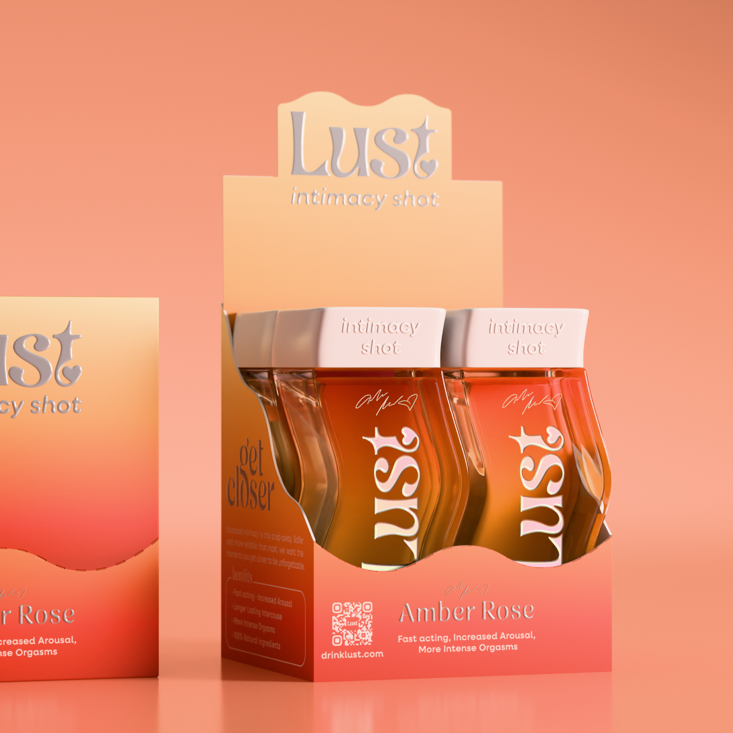 Lust Intimacy Shot Amber Rose supplement pack with sleek bottles on a peach background.