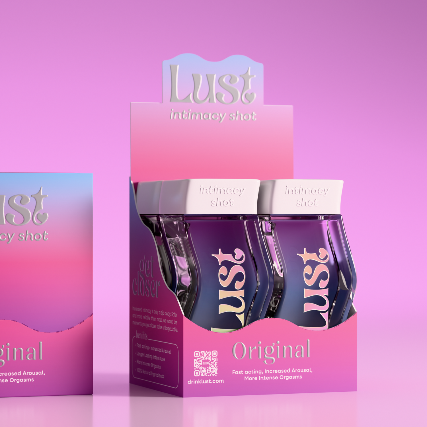 Lust Intimacy Shot product package featuring two bottles in a pink gradient box, designed for performance and stamina enhancement.