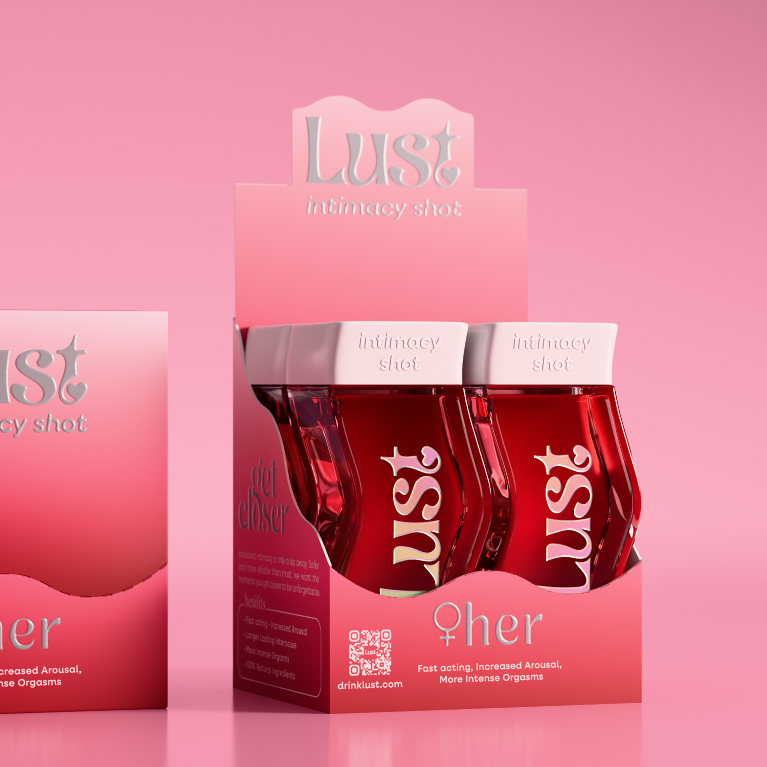 Lust Intimacy Shot product packaging with pink bottles for performance supplements by GetCloser