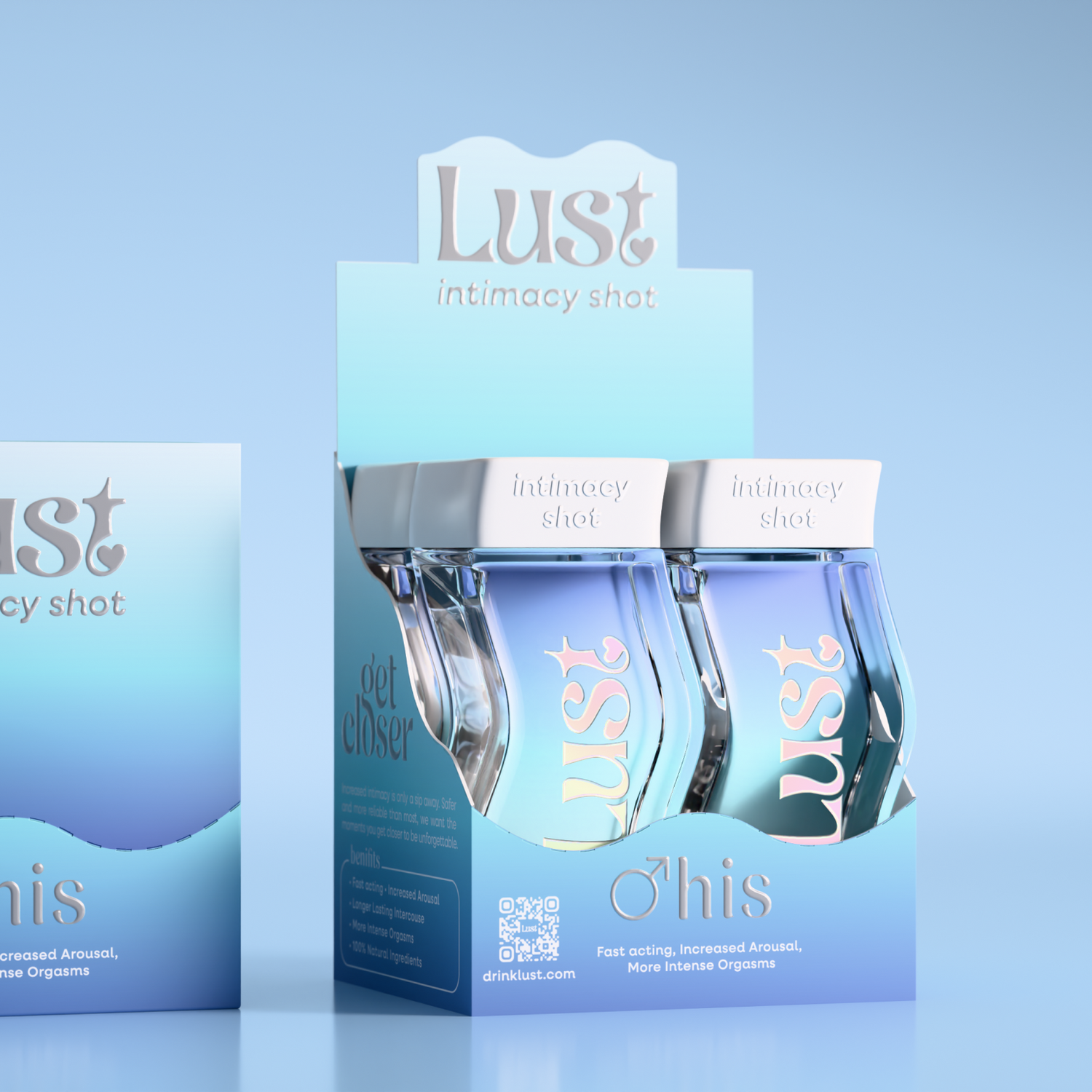 Lust intimacy shot product package with blue bottles and GetCloser branding