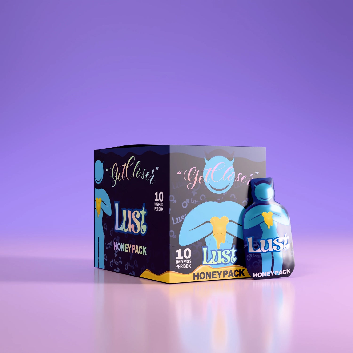 Lust Honeypack supplement box and packet on purple background, GetCloser branding